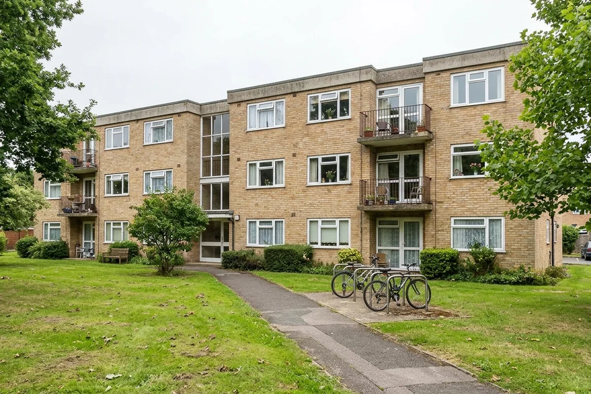 A three-storey 1960s buff brick block of flats with white uPVC casement windows and balconies