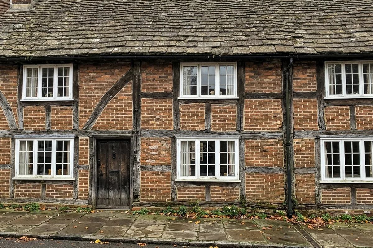A row of old timber-framed brick houses with a stone slab roof and white timber casement windows with glazing bars, typical of Horsham's historic core