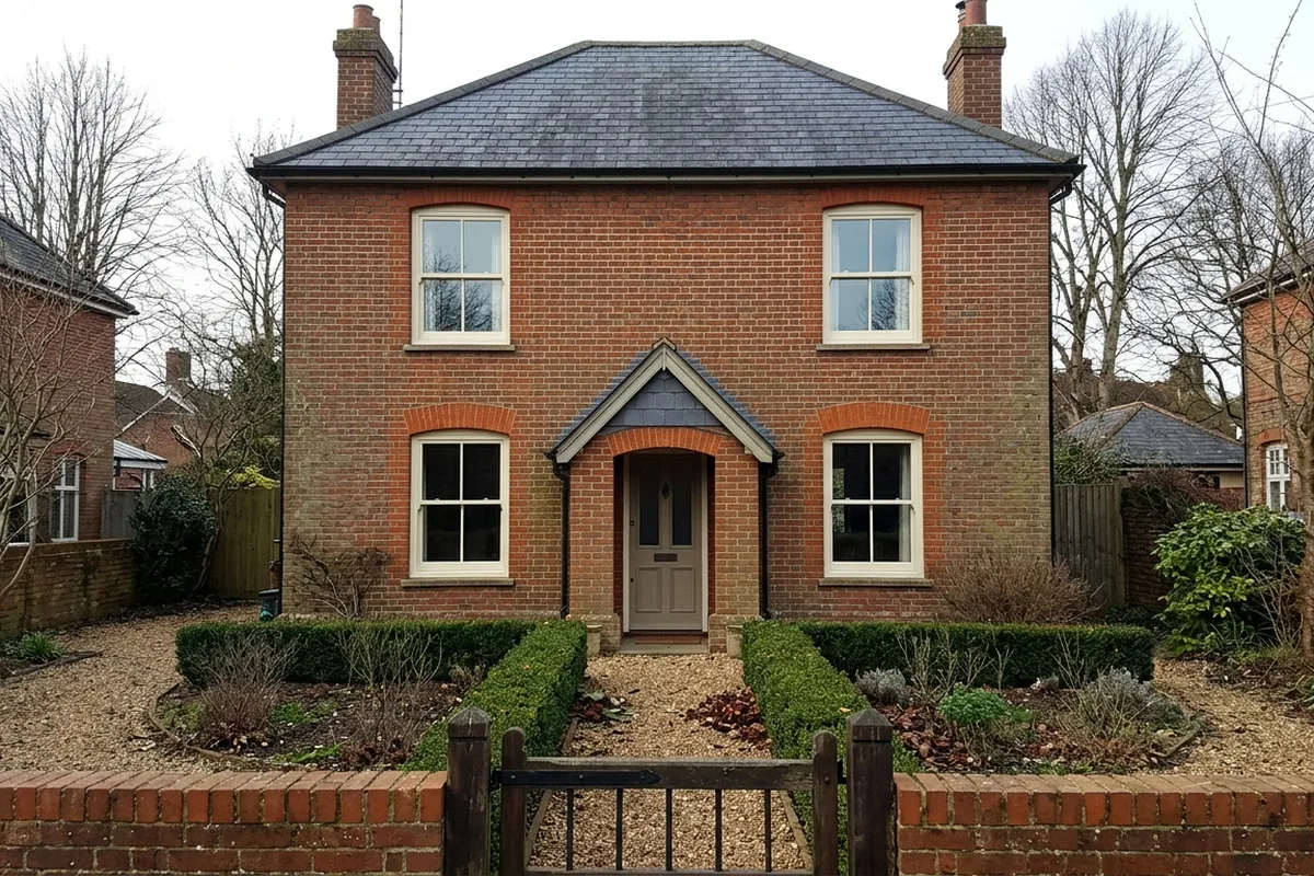 Four cream uPVC sliding sash windows with slim horns on a double-fronted late Victorian brick house