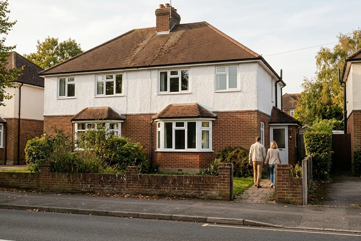 A white uPVC canted bay window on the ground floor of a 1920s semi-detached house with casements above, and a couple walking up the front path