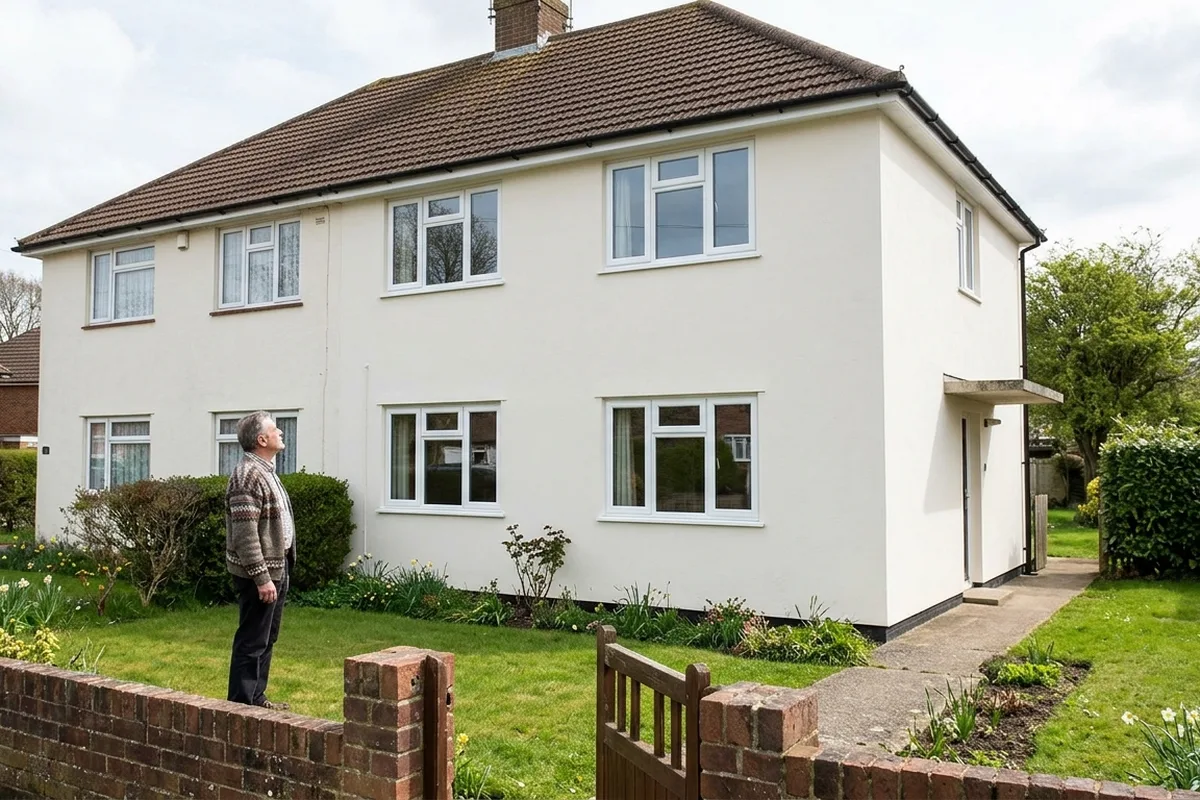 A man in a cardigan looking up at the white uPVC casement windows of a 1950s rendered semi-detached house