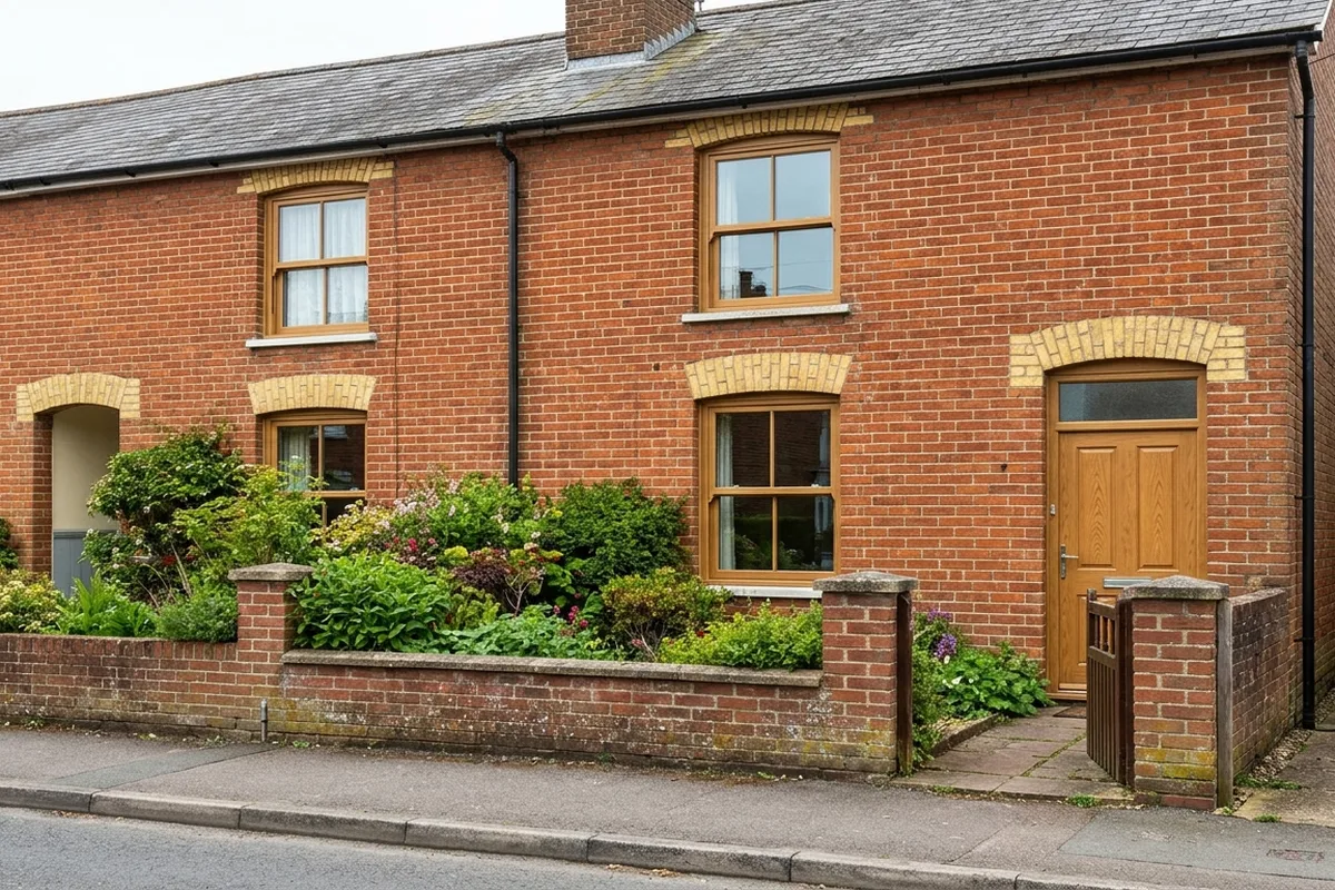 Two woodgrain-finish uPVC sliding sash windows, one above the other, on a red brick Victorian terraced house with yellow brick arches