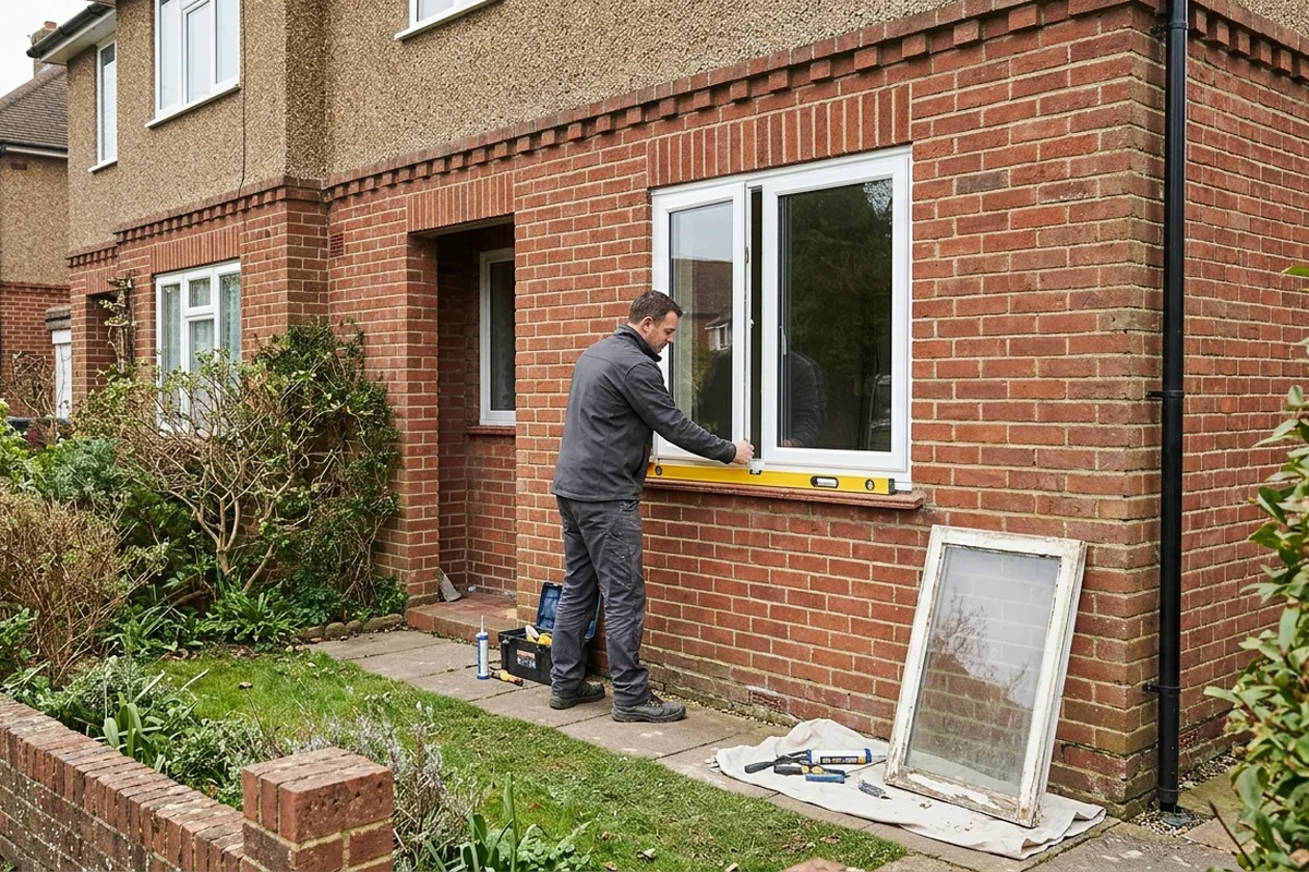 An installer in plain grey workwear levelling a new white casement window on the ground floor of a brick semi, with the old frame on a dust sheet