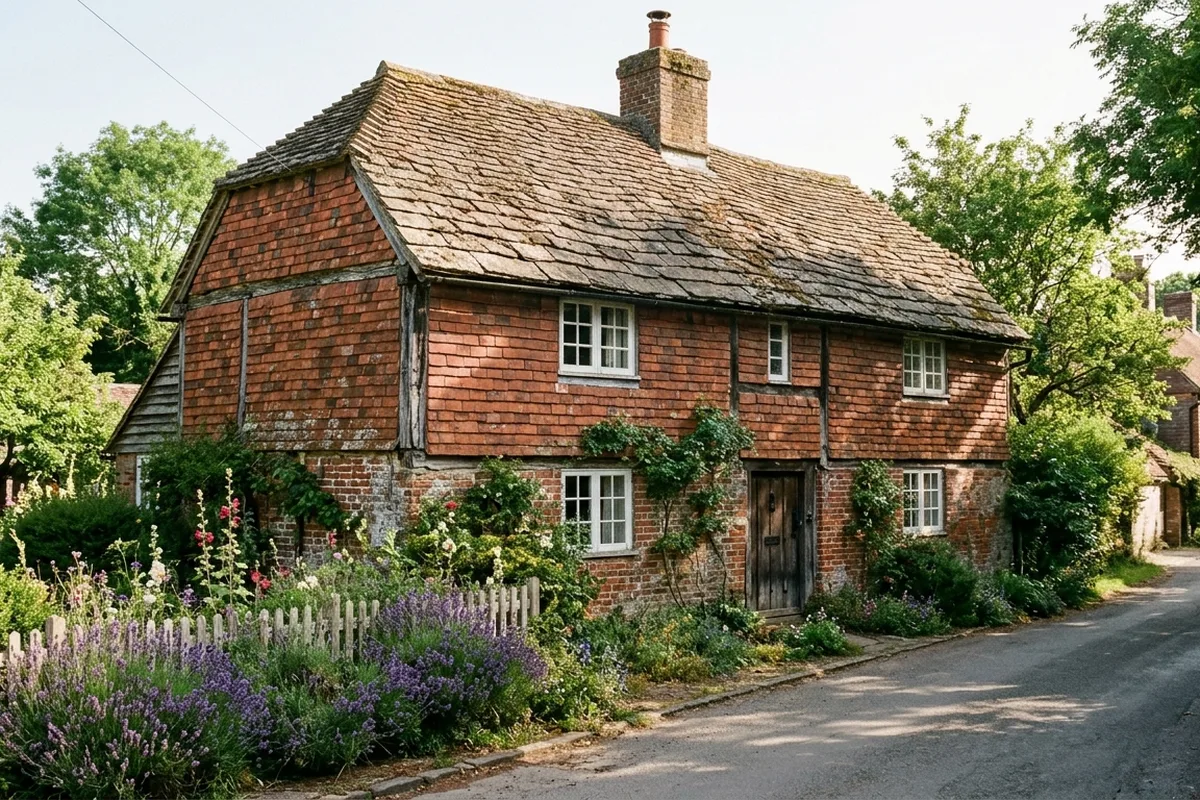 A tile-hung cottage with a stone slab roof and small white timber casement windows behind a lavender garden, typical of Slinfold's older houses