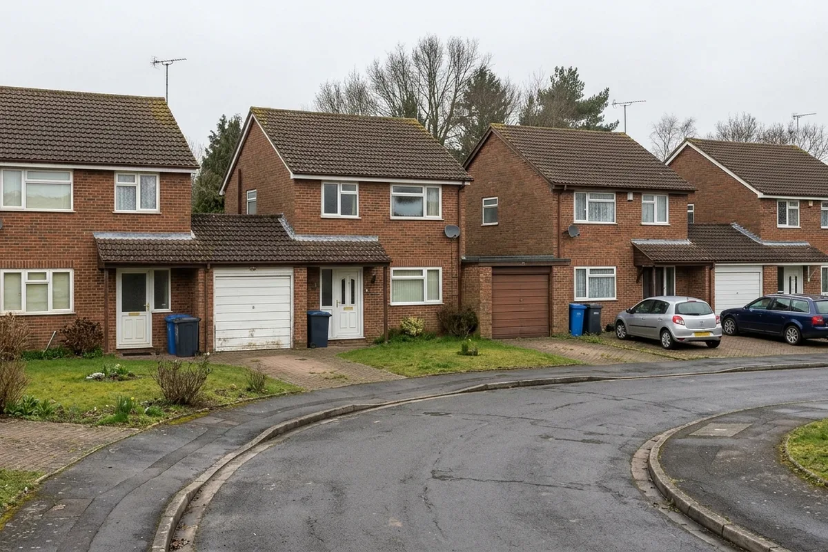 A cul-de-sac of 1980s link-detached brick houses with their original white double glazing, typical of Southwater's estates